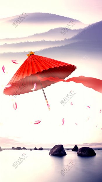 红色雨伞花瓣H5背景素材