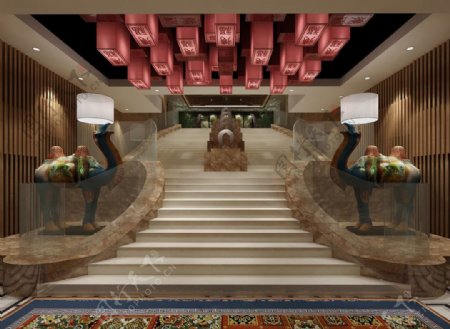 中式大气风格商业空间楼梯效果图设计