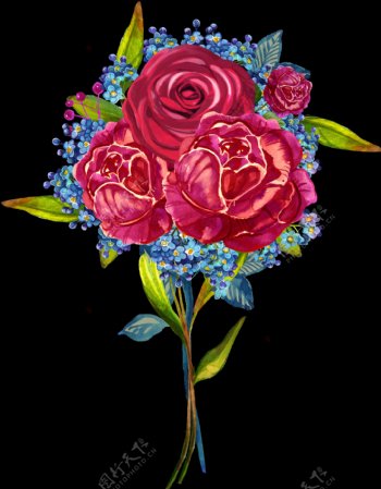 手绘鲜红玫瑰花png透明素材