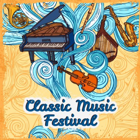 古典音乐节海报与钢琴小提琴小号乐器矢量插图