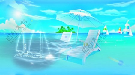 清凉夏威夷海滩太阳伞帆船