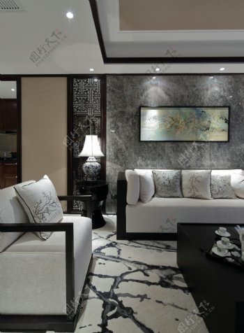 现代时尚带中式风格灰色背景墙客厅装修图