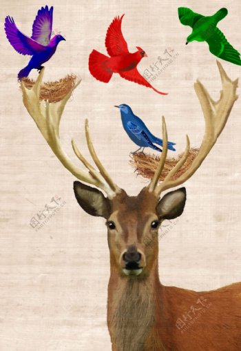 麋鹿头顶四只彩色小鸟装饰画