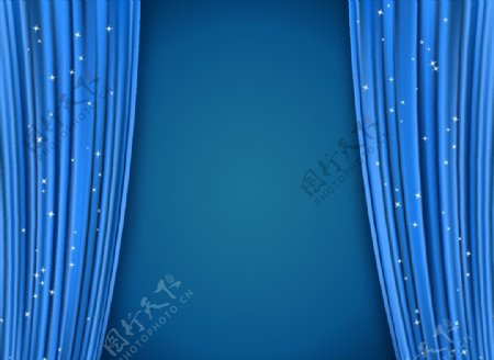 拉开的蓝色窗帘帷幕矢量素材