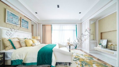 蓝色新中式暖色调温馨卧室设计效果图