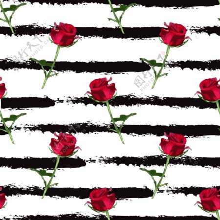 玫瑰花笔刷条纹四方连续底纹