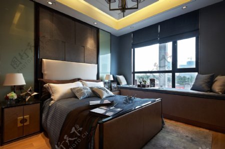 中式时尚混搭卧室飘窗室内装修效果图