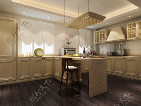 美式简约开放式厨房木地板室内装修效果图
