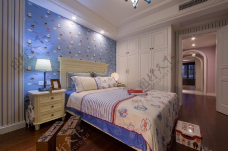 蓝色壁纸儿童卧室效果图