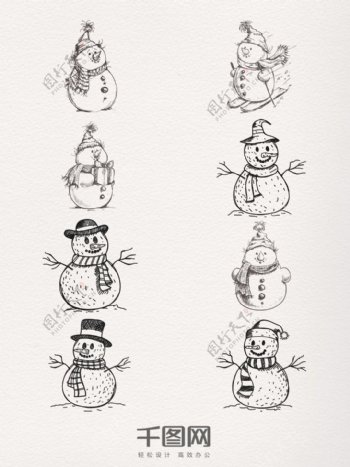 手绘素描圣诞雪人装饰图