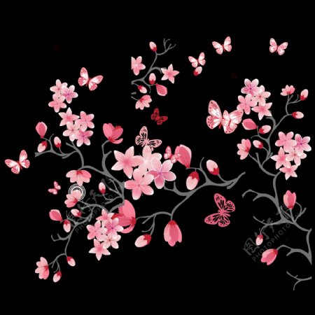 手绘粉色蝴蝶花朵png元素素材