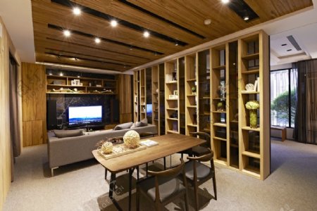 现代时尚客厅木制天花板室内装修效果图