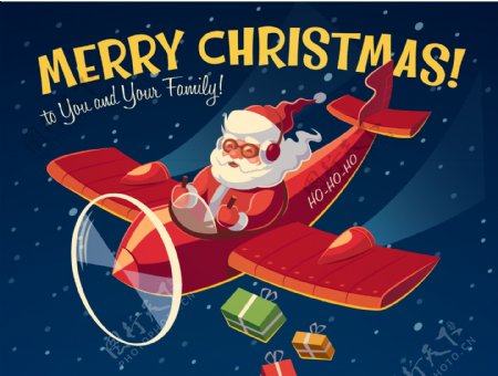 开飞机的圣诞老人插画