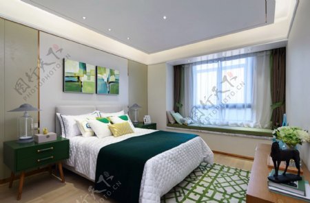 现代时尚卧室绿色花纹地毯室内装修效果图