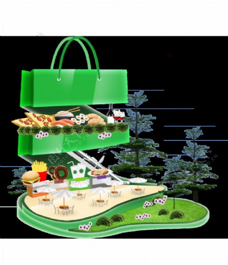 卡通绿色购物袋建筑快餐展示png元素