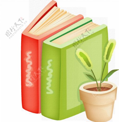 两本书和一个盆栽透明素材