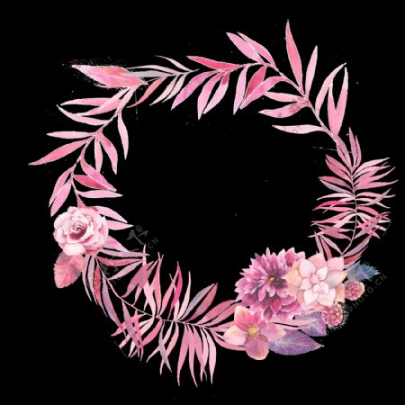 清新粉色系柳叶手绘花环装饰元素