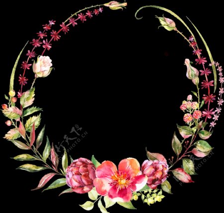 雅致深粉色花朵手绘花环装饰元素