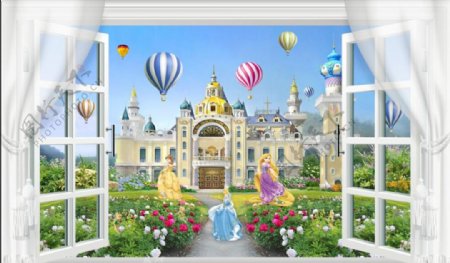 3D窗外卡通城堡公主小叮当气球