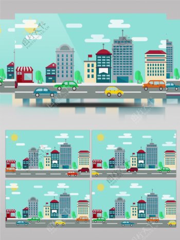 卡通城市建筑街道交通运输mg动画