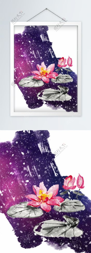 中国风水墨彩色荷花雪景手绘创意装饰画