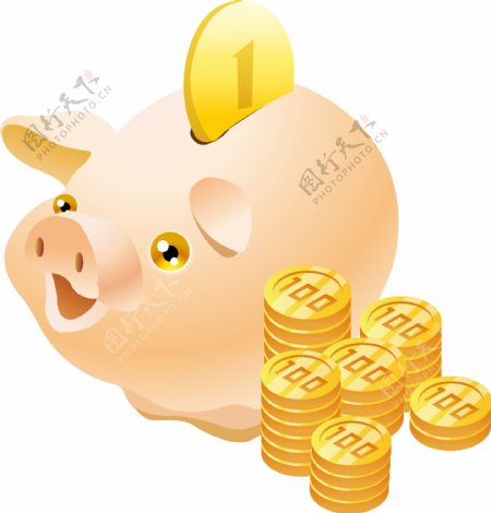 2.5D小猪存钱罐和一堆金币原创元素