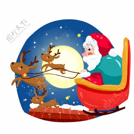 圣诞场景圣诞老人送礼物夜空麋鹿