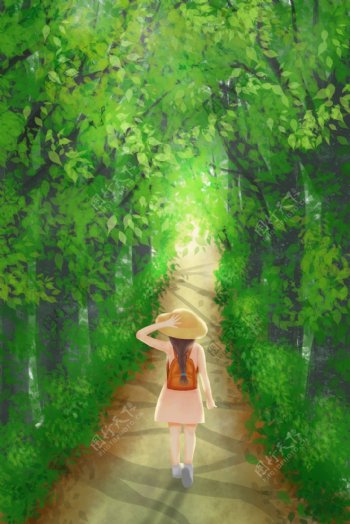 手绘女孩绿色森林中探险
