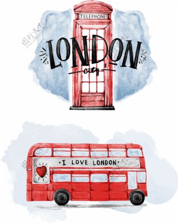 水彩伦敦巴士图案