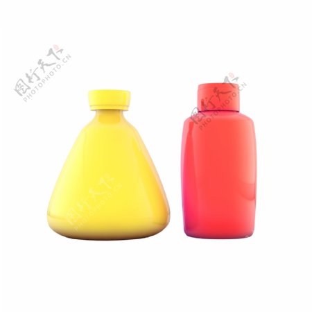 C4D写实生活用品装饰元素红色黄色瓶子