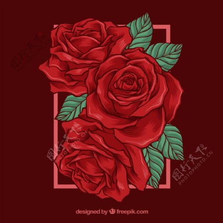 3朵红色手绘玫瑰花矢量素材