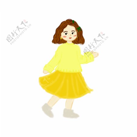 手绘黄毛衣look可爱女孩可商用人物元素