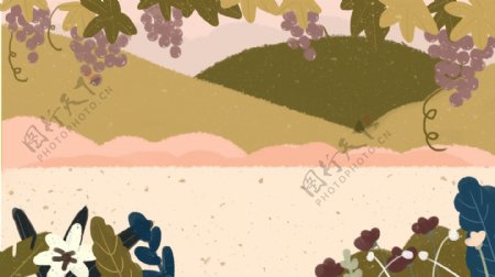 绿色山坡彩色花草葡萄架卡通背景