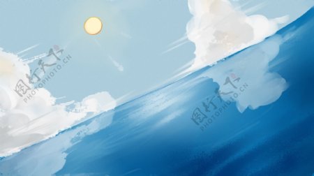 手绘蓝天白云风景海水海面背景设计
