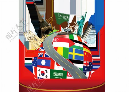卡通世界国家国旗地标旅游季png元素