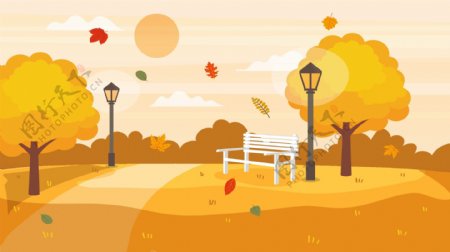 秋分秋天大树公园背景卡通设计