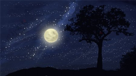 黑夜中的一轮圆月唯美星空背景