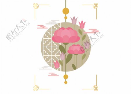 彩绘中式花朵边框png元素