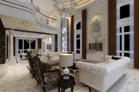 现代别墅欧式客厅空间效果图模型
