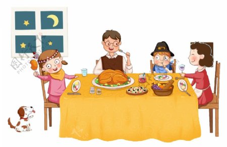 卡通一家人吃晚餐png元素