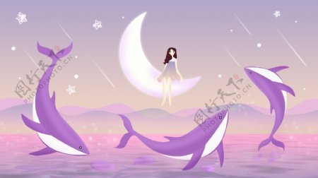 紫色唯美海豚月光女孩背景素材