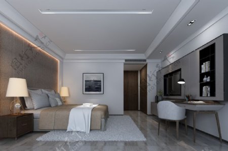 新中式简约现代灯带背景墙卧室家装效果图