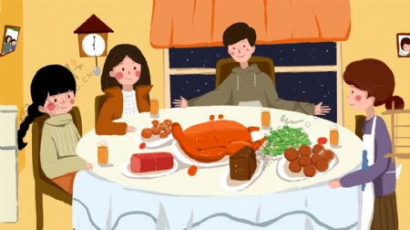 吃团圆饭的一家人卡通背景