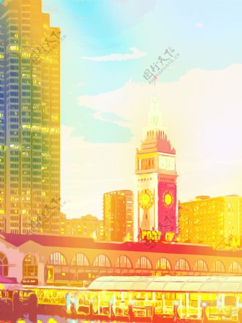 手绘城市背景钟塔