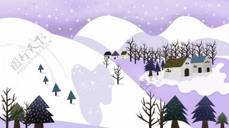 紫色唯美村庄雪景插画背景设计