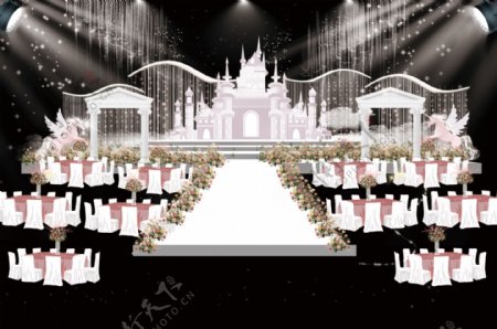 粉色童话城堡婚礼舞台仪式区效果图