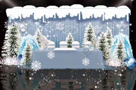 纯净蓝色冰雪圣诞树主题婚礼签到台效果图