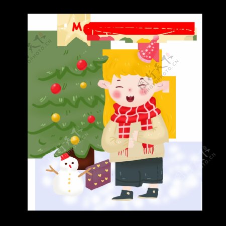 圣诞节场景房子人物圣诞树雪花手绘卡通