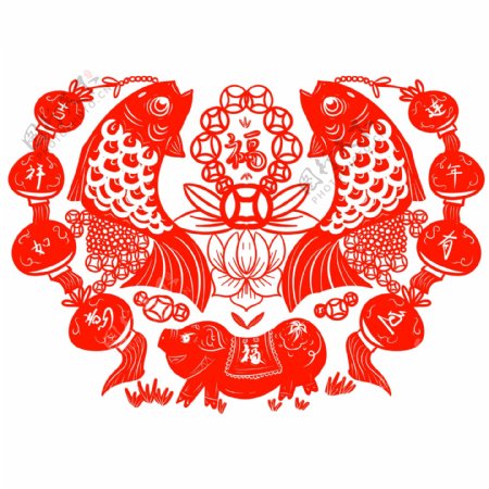 2019生肖猪春节灯笼年年有鱼剪纸素材