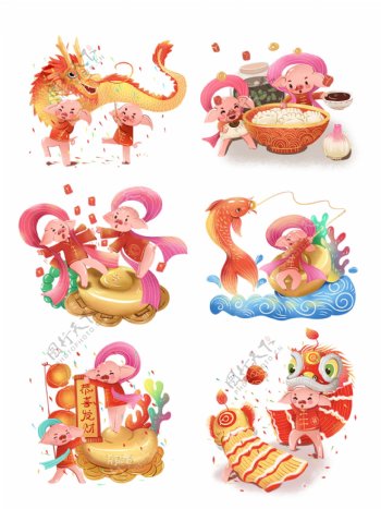 2019春节猪年插画元素商用喜庆新年春节生肖猪